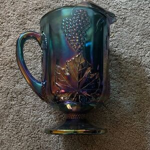 Vintage carnival Glass Pitcher with Grape and Leaf Design